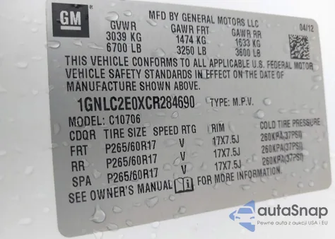 2012 Chevrolet Tahoe Commercial Fleet z USA, uszkodzony, nr VIN 1GNLC2E0XCR284690